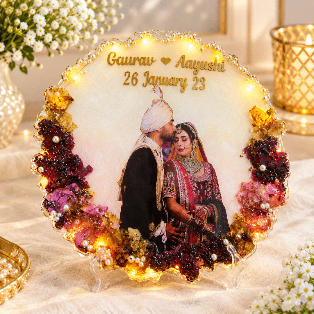 Personalized Resin Wedding Frame with couple photo, names, wedding date and LED lights