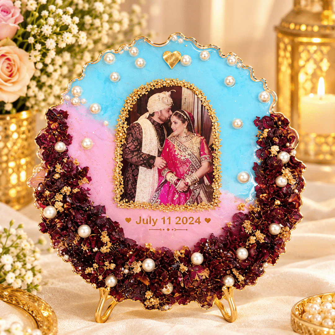 Personalized Resin Wedding Frame with couple wedding photo, pearls, burgundy flowers and July 11 2024 date