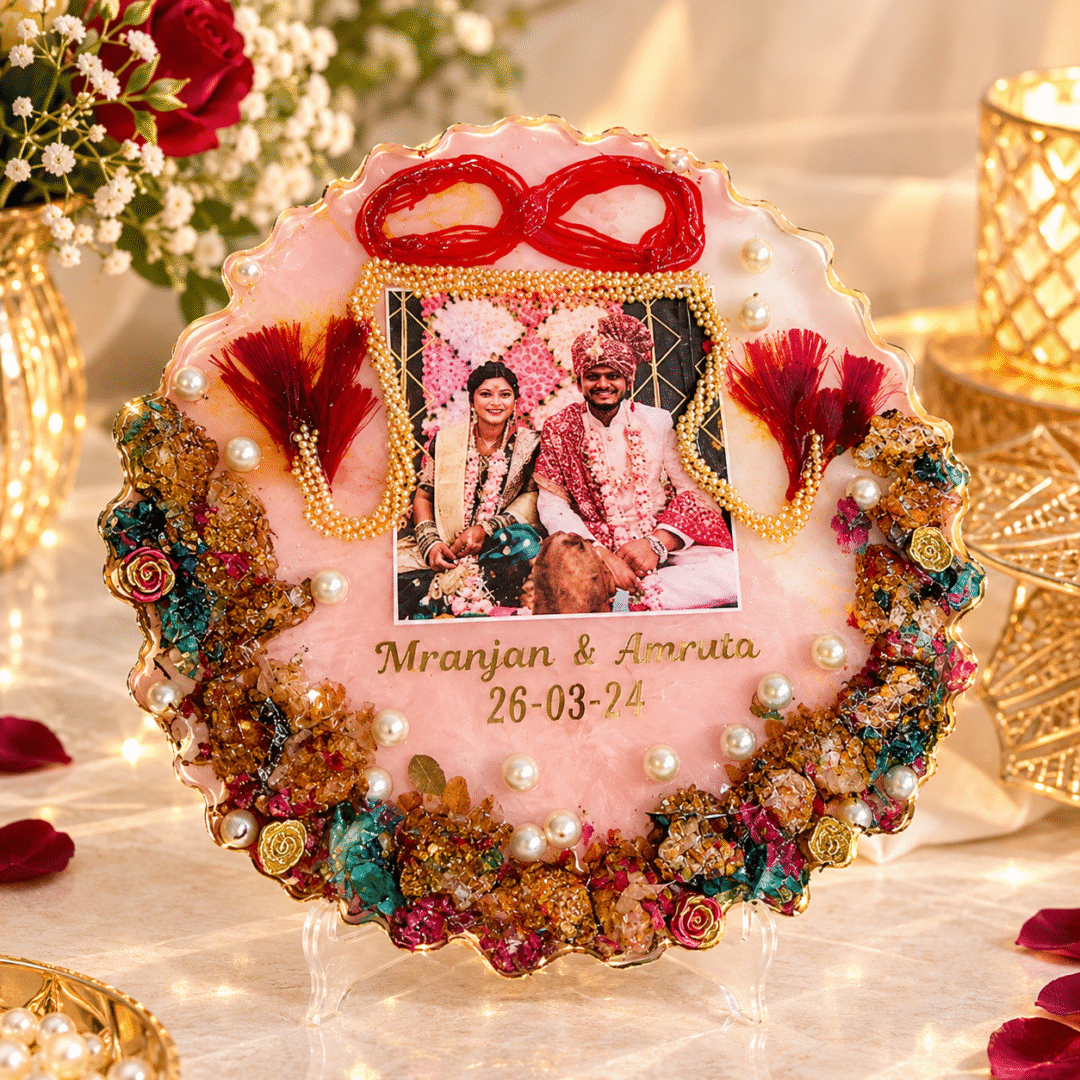 Personalized Resin Wedding Frame with couple photo, names, date, flowers and pearl decorations