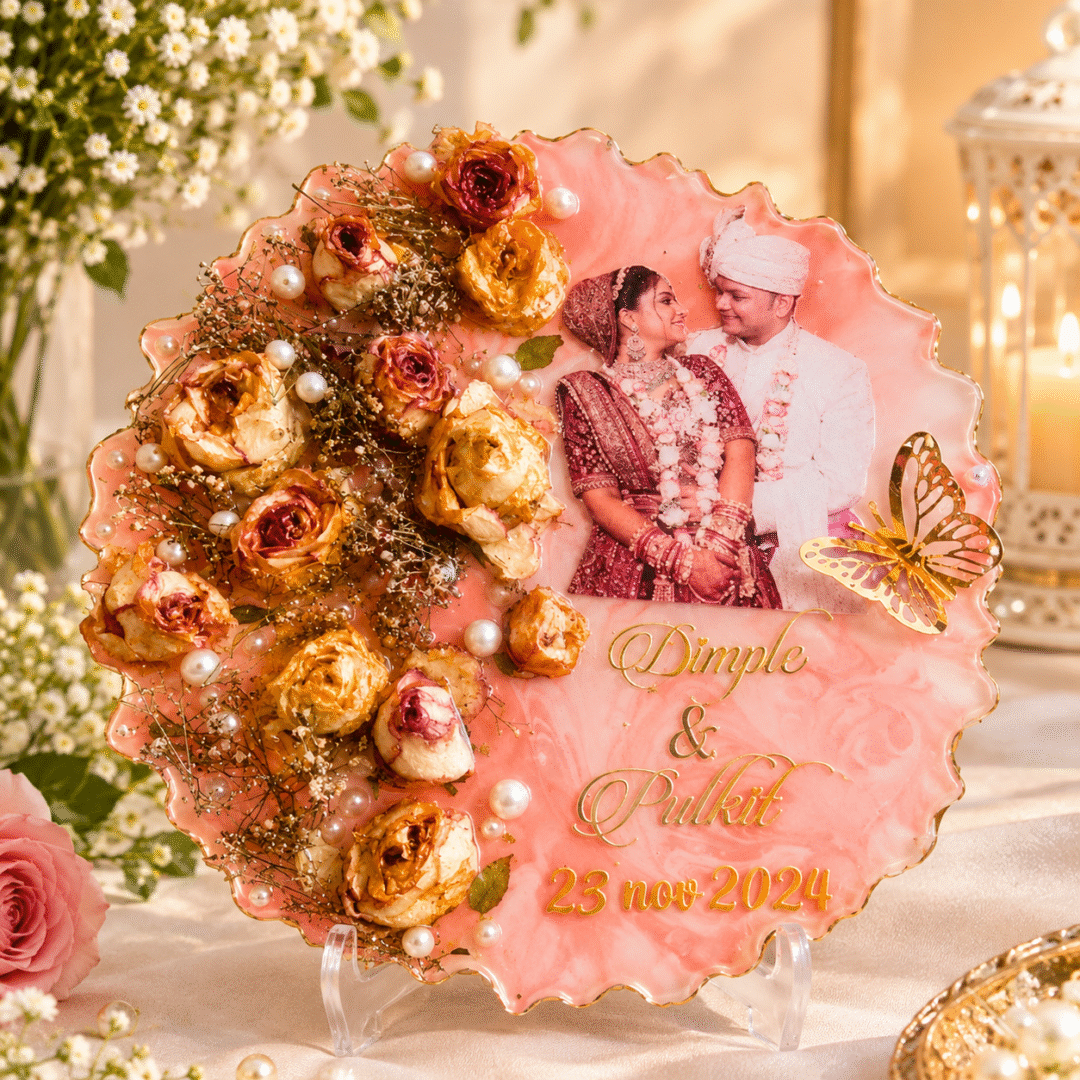 Personalized Resin Wedding Plaque with couple photo, floral resin art, names and wedding date