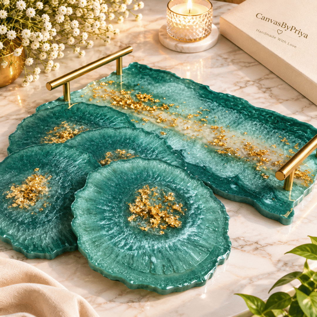 Teal Resin Tray Set with gold flakes, matching coasters and gold handles