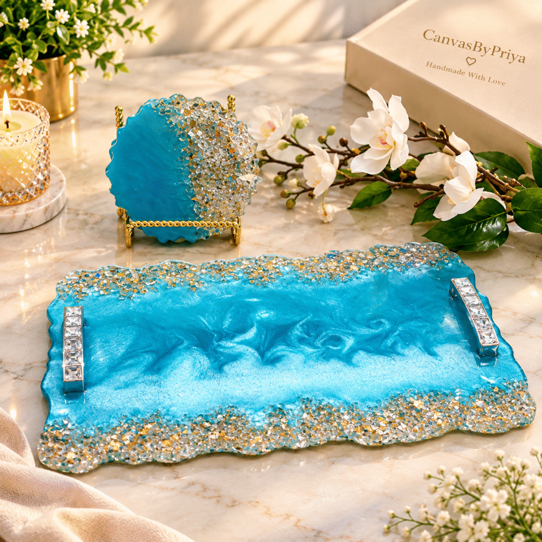 Turquoise Resin Serving Tray with gold flakes, crystal detailing and metallic handles