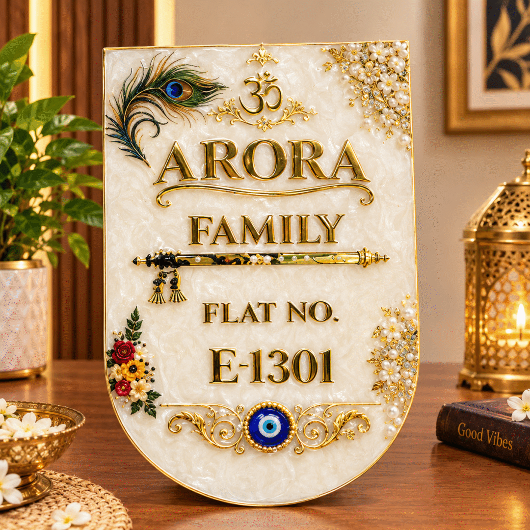 Customized Resin Name Plate in ivory and gold with Arora Family lettering, flat number, peacock feather, Om symbol, floral accents, and blue evil-eye charm