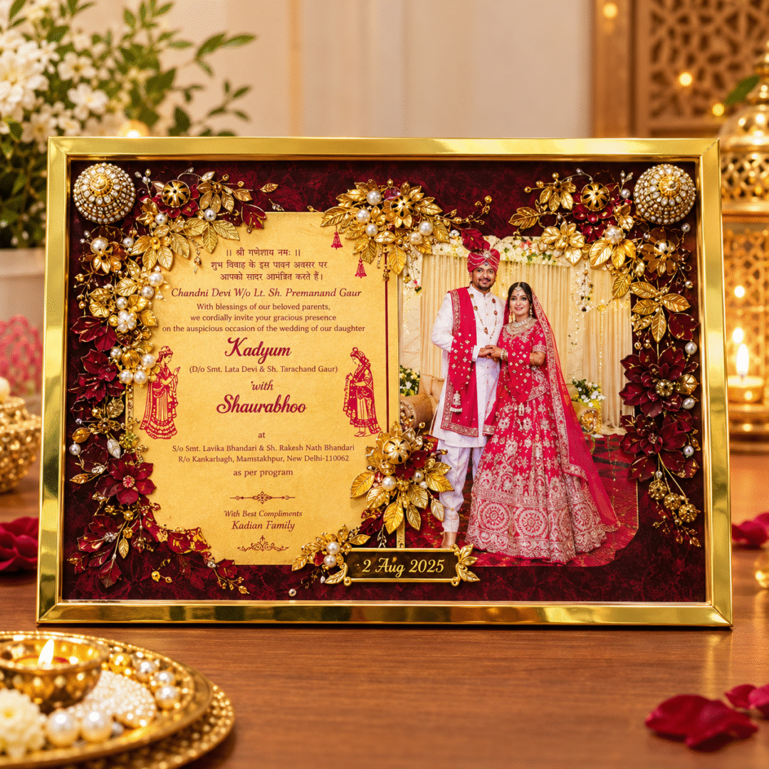 Customized Wedding Resin Frame with a gold border, maroon floral embellishments, personalized wedding invitation, and couple photograph