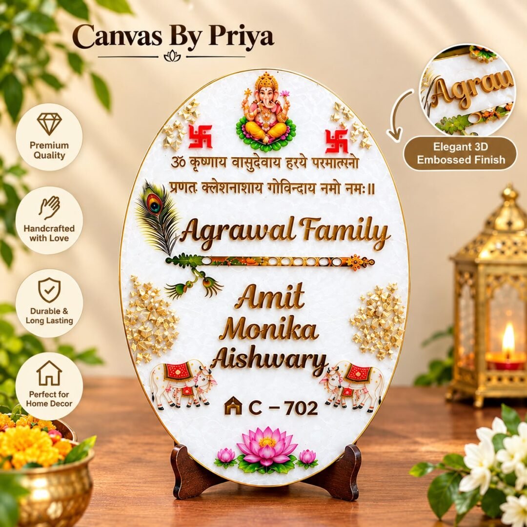Custom Resin Name Plate with personalized family name, Ganesha and traditional Indian design