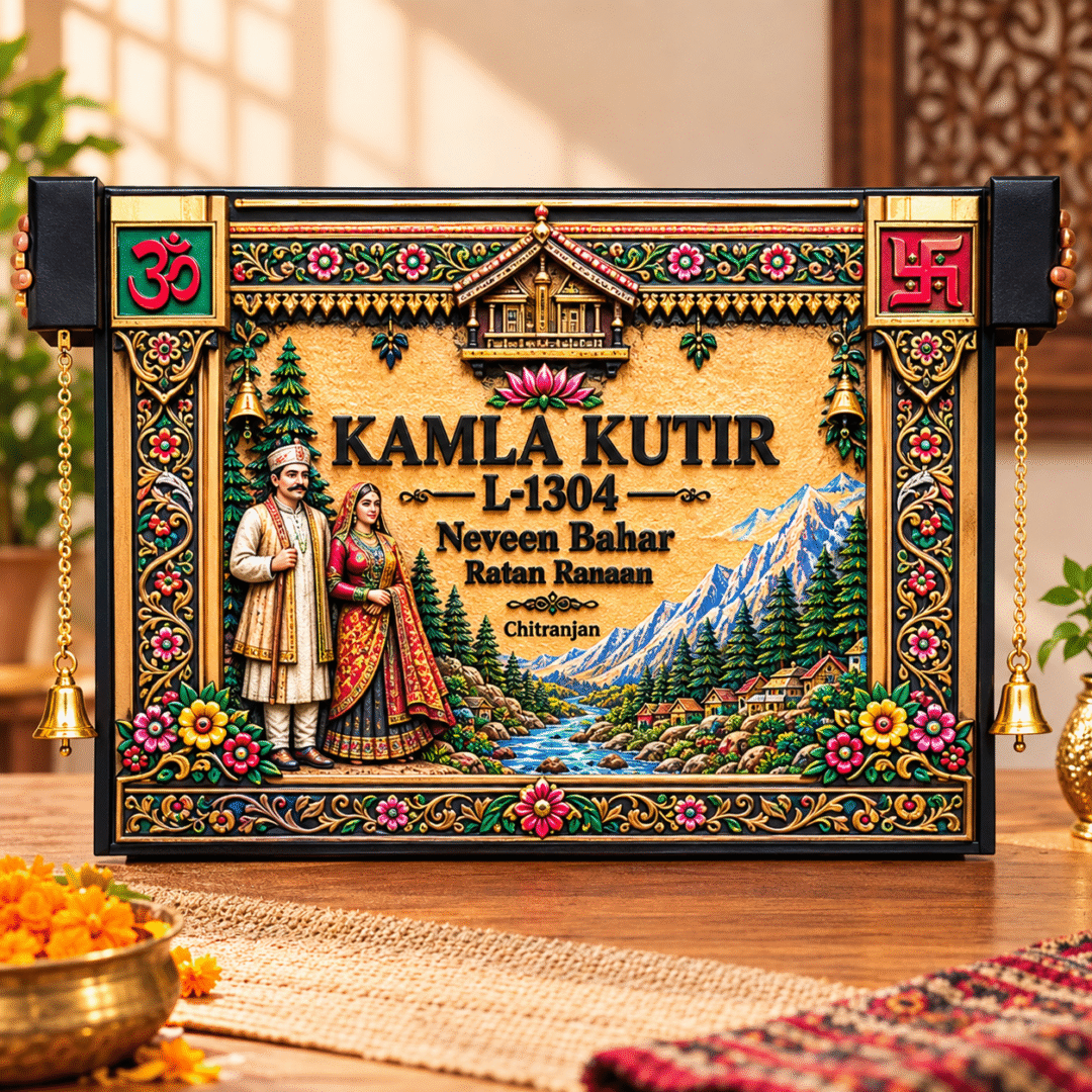 Handmade Personalized Name Plate with traditional Indian mountain couple design