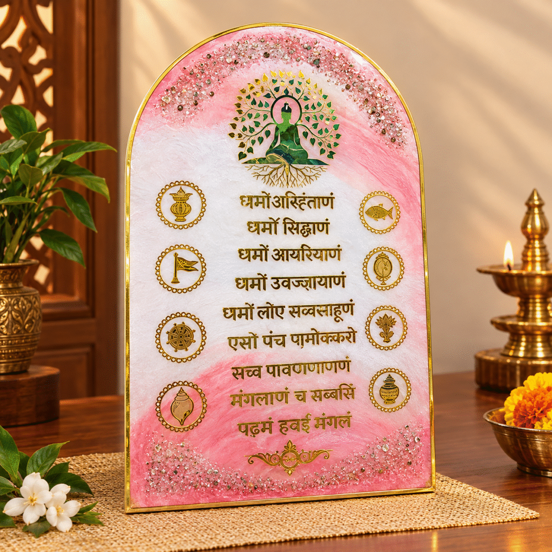 Handmade Jain Navkar Mantra Resin Frame in pink, white and gold with green meditating figure and decorative Jain symbols by CanvasByPriya.