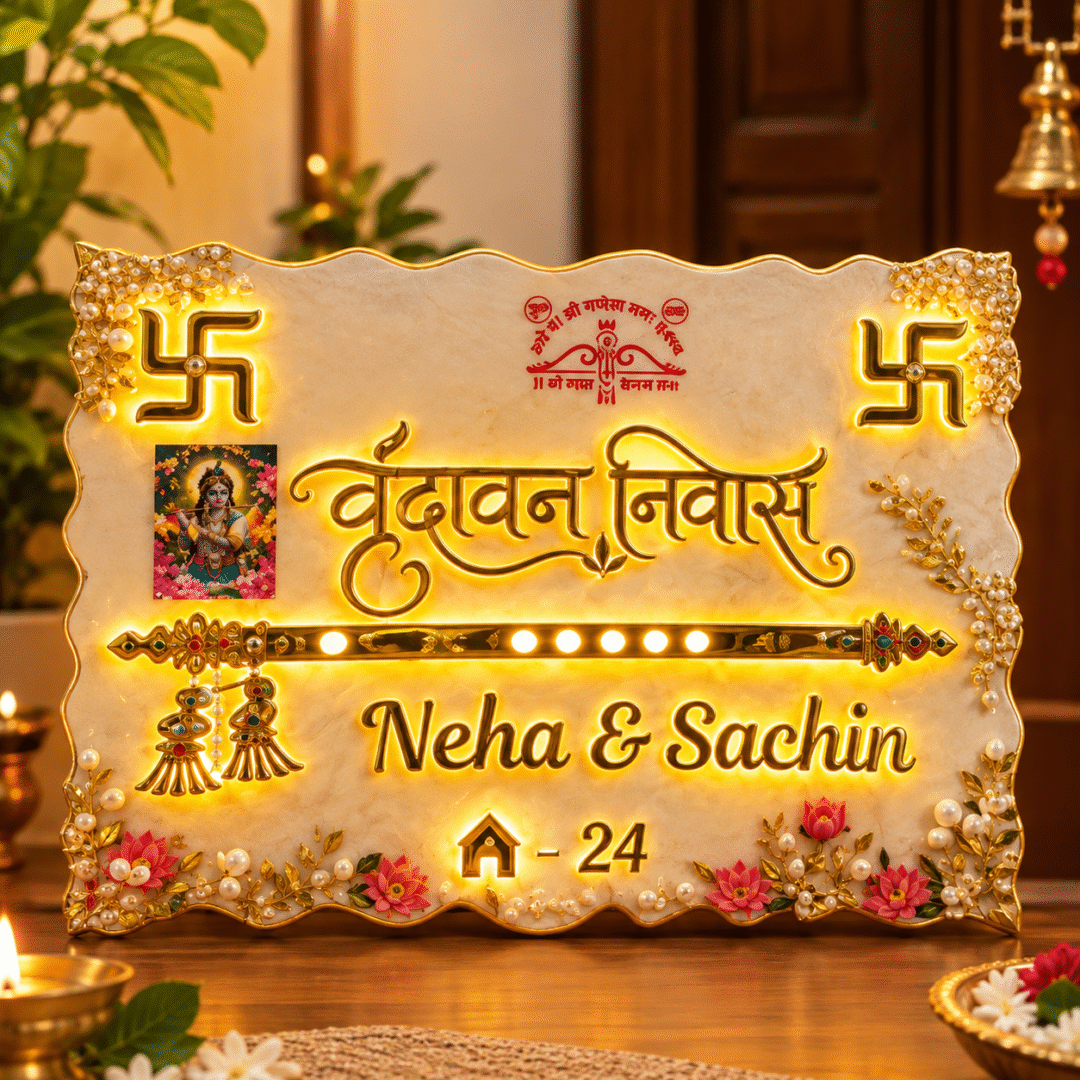 LED Resin Name Plate with glowing golden Vrindavan Niwas lettering and personalized family names