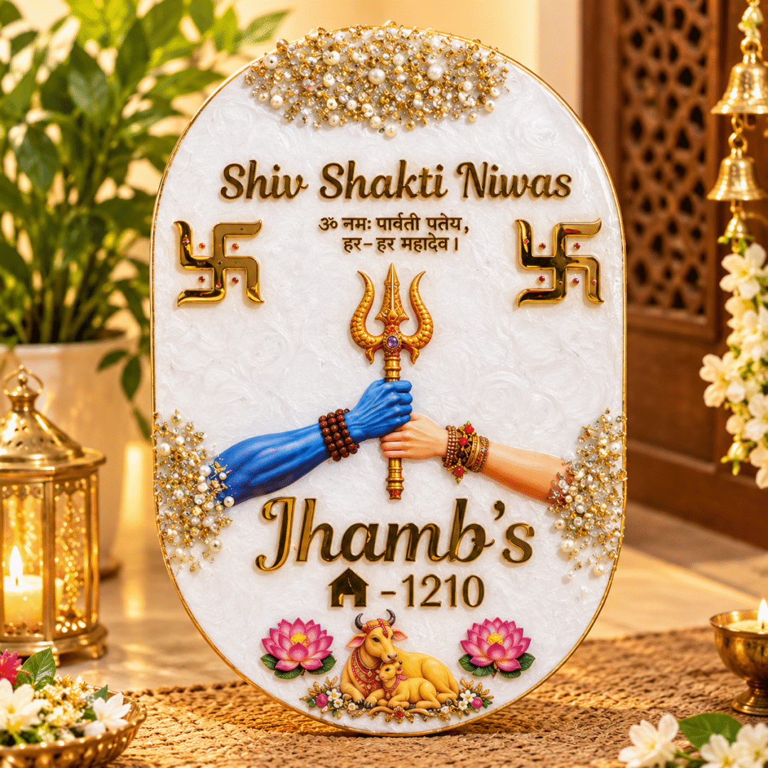 Shiv Shakti Resin Name Plate with golden trishul, white pearlescent finish, lotus flowers and personalized Jhamb family name